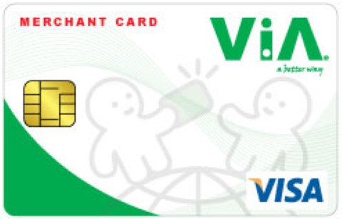The ViA Merchant and Vendor card, white with curved green adge as co-branded with VISA